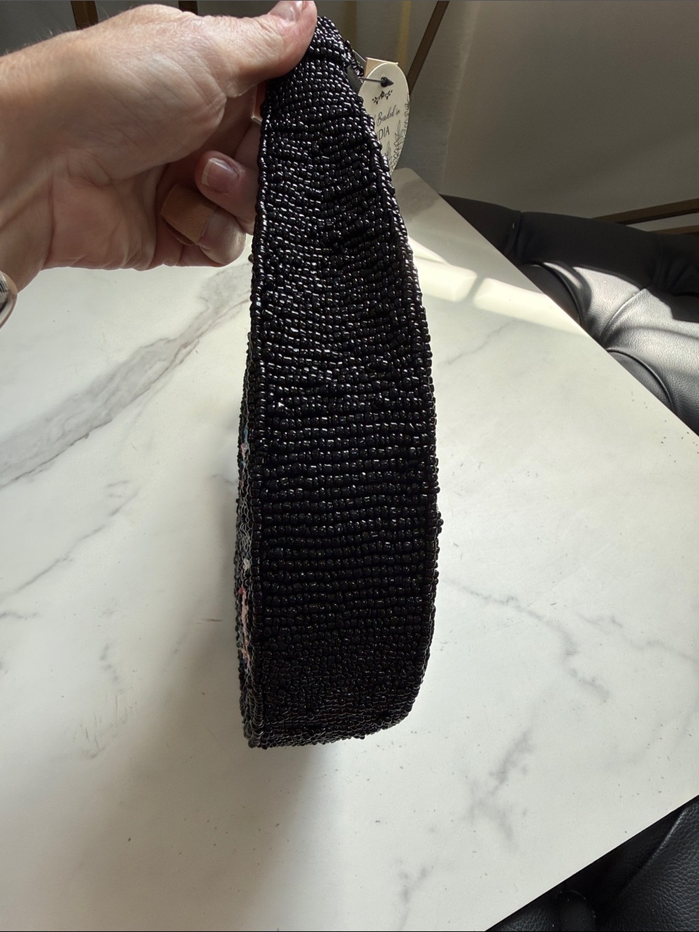 Beaded Floral Black Crescent Shoulder Bag - Picture 5 of 9